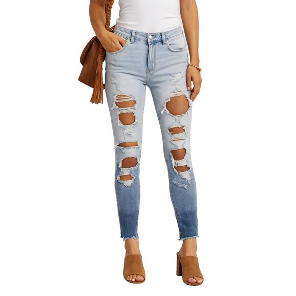 American Eagle Hi-Rise Jegging Jeans Size 8 Light Wash Extreme Distressed Ripped - Picture 2 of 16